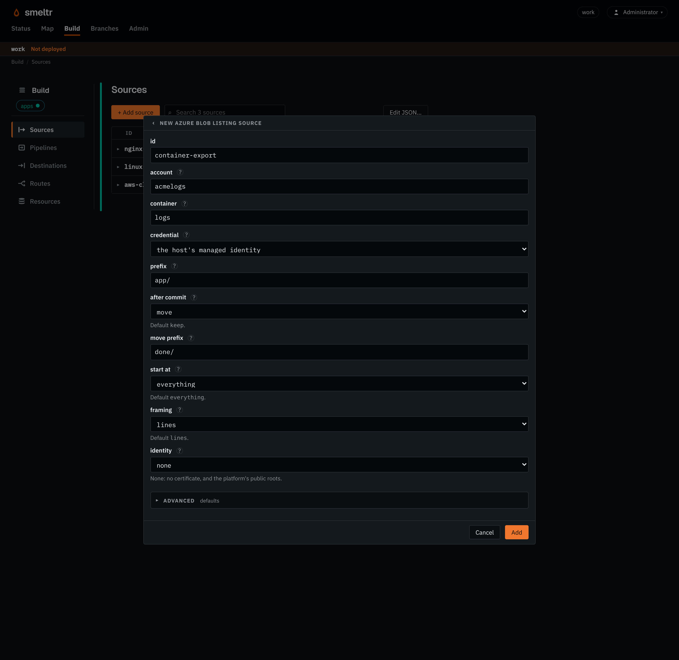 The Azure Blob listing form on the Sources page: id container-export, account acmelogs, container logs, prefix app/, after commit move to done/, framing lines.