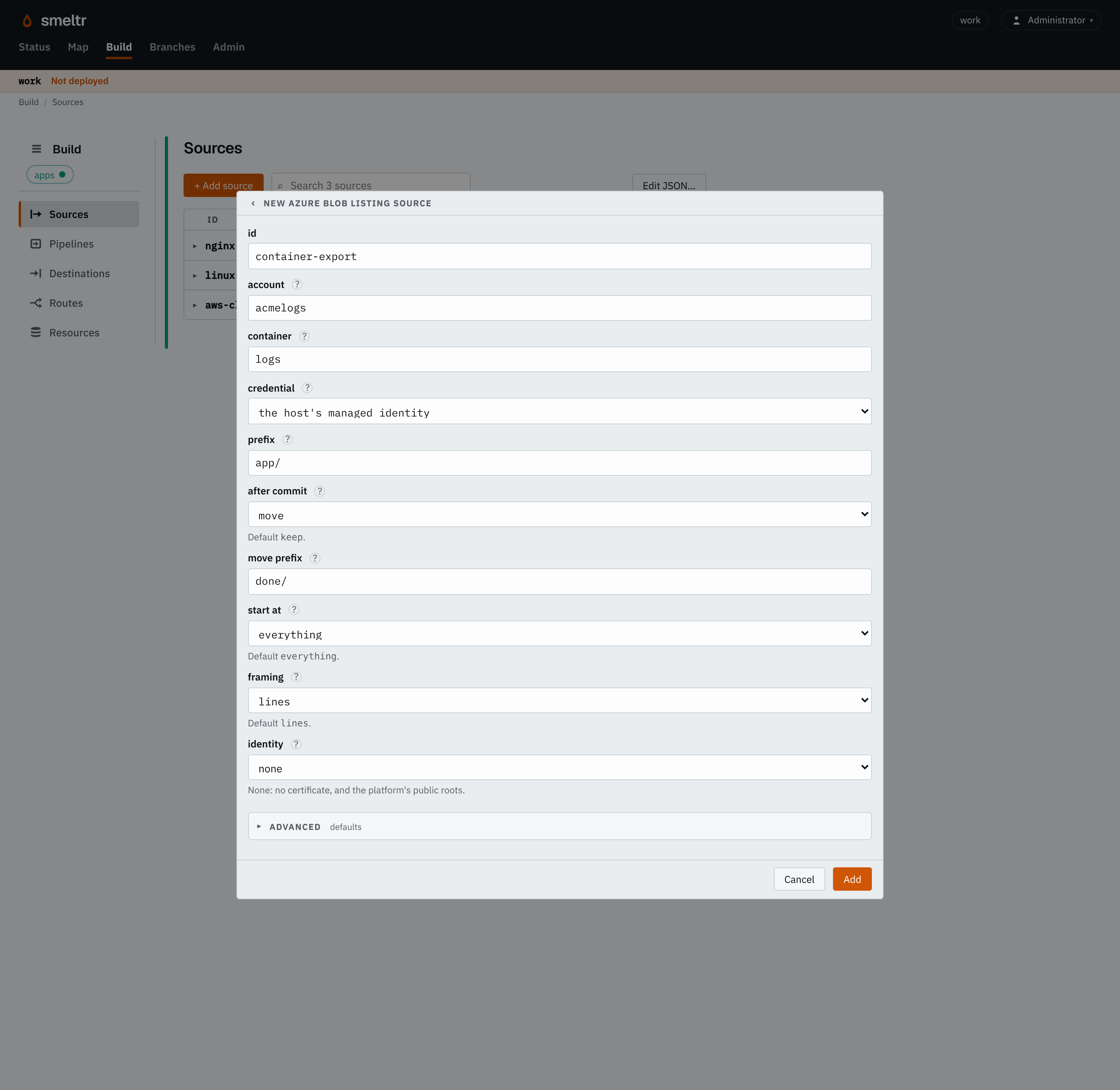 The Azure Blob listing form on the Sources page: id container-export, account acmelogs, container logs, prefix app/, after commit move to done/, framing lines.