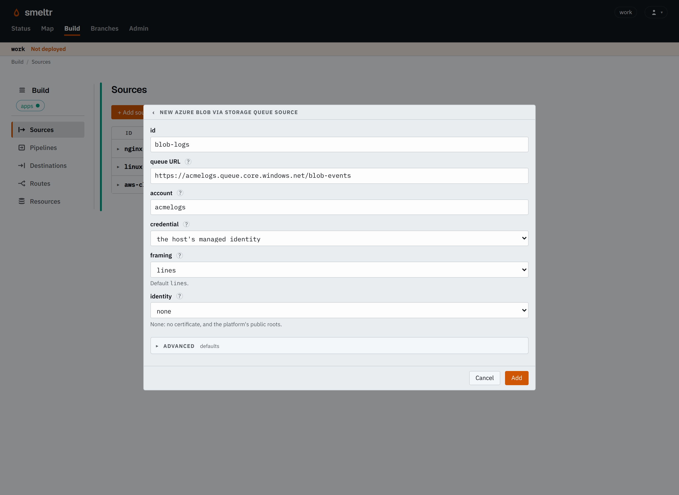 The Azure Blob via Storage queue form on the Sources page: id blob-logs, its queue URL, account acmelogs, framing lines.