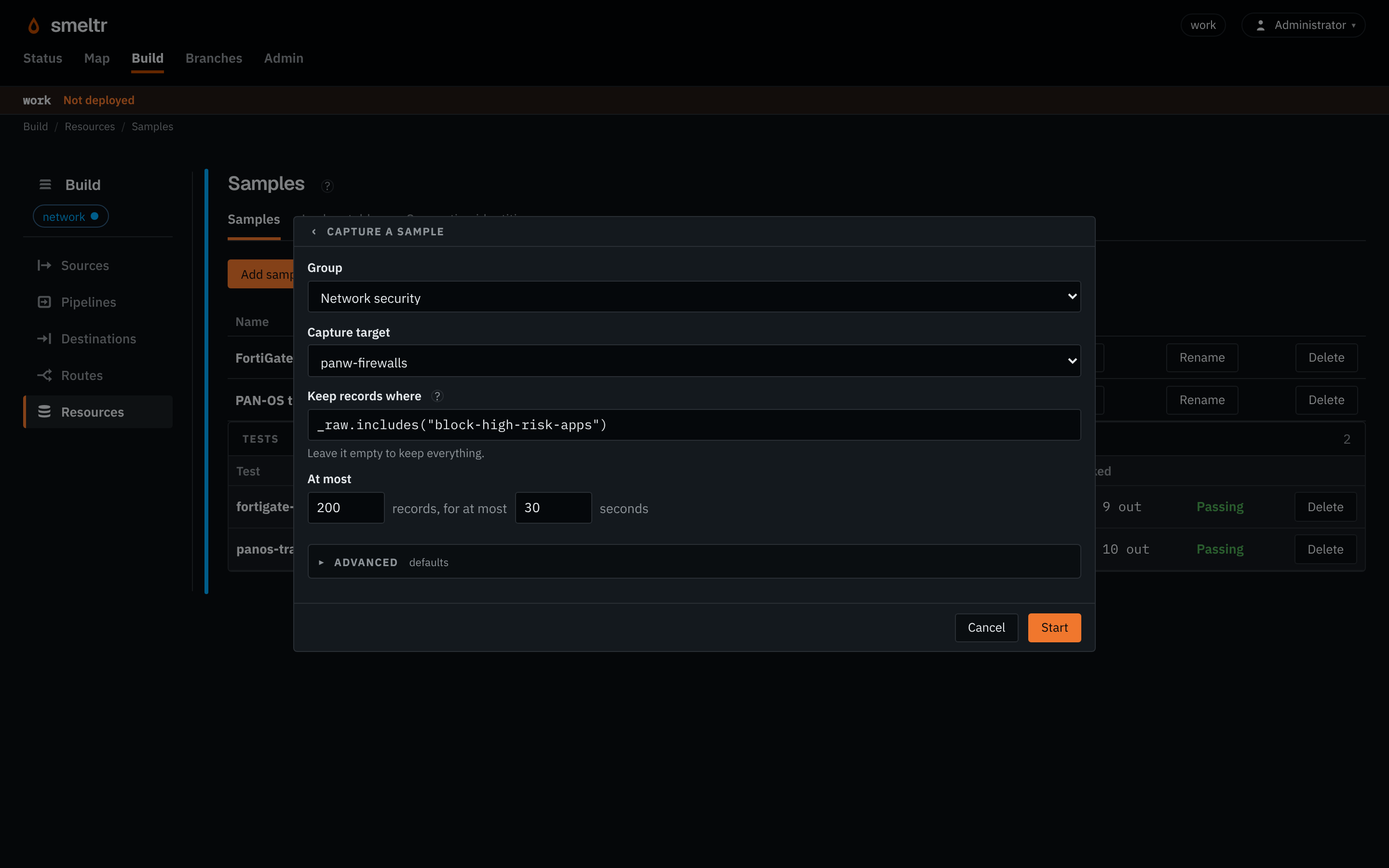 Capture setup with the Network security group, panw-firewalls source, a raw-text filter, a 200-record limit, a 30-second limit, and Start.