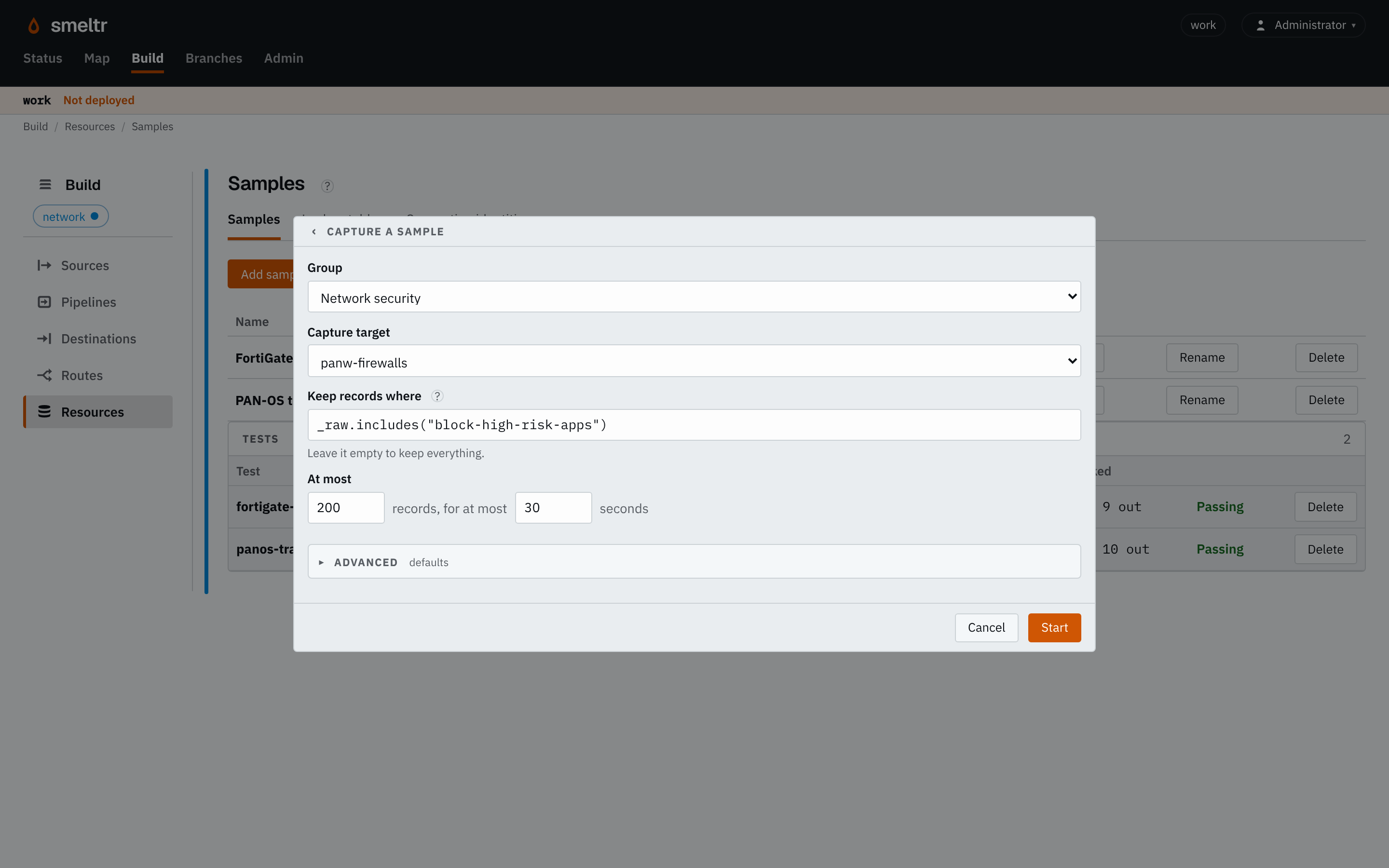 Capture setup with the Network security group, panw-firewalls source, a raw-text filter, a 200-record limit, a 30-second limit, and Start.