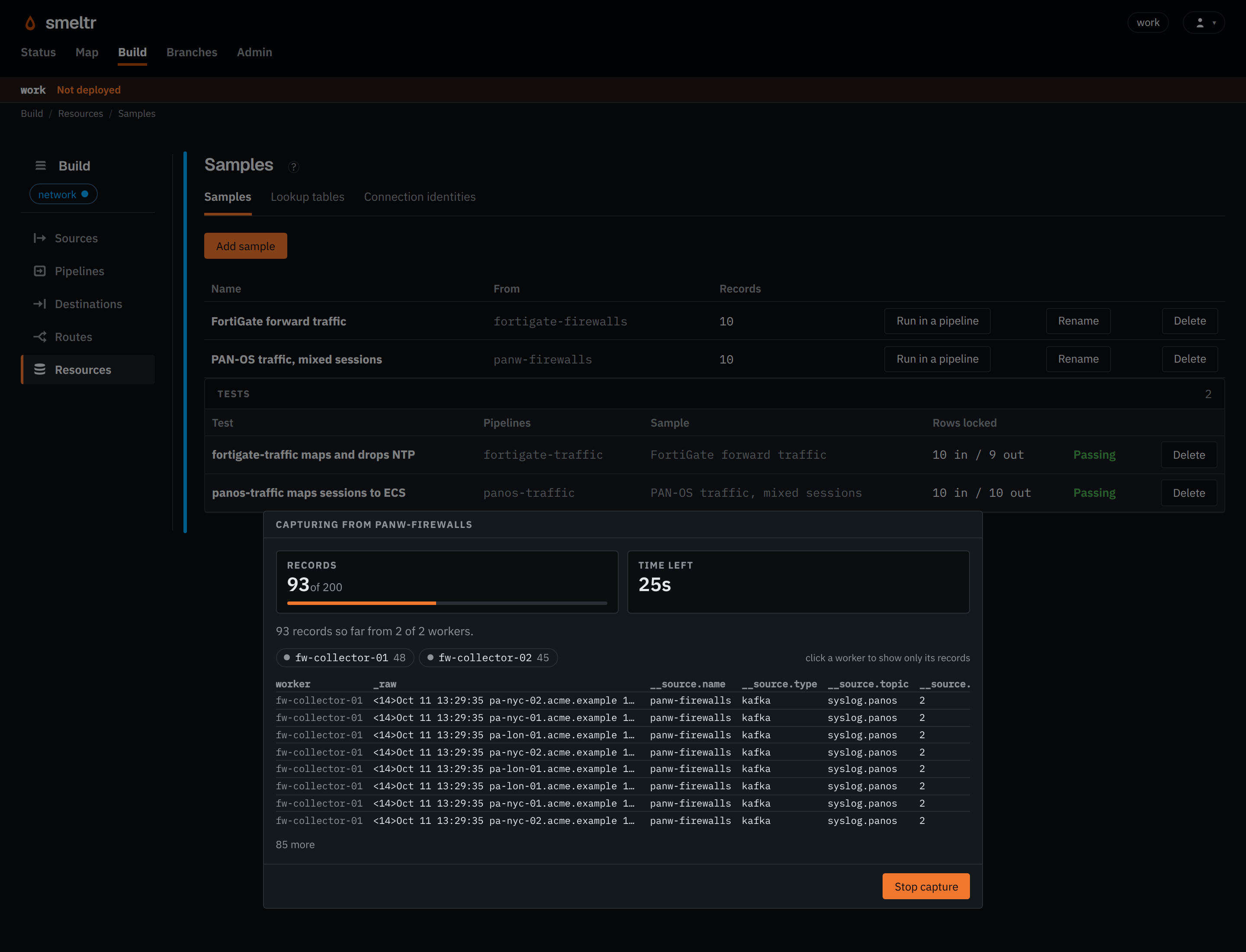 Capture in progress, showing incoming firewall records from two workers, the record limit, time remaining, and Stop capture button.