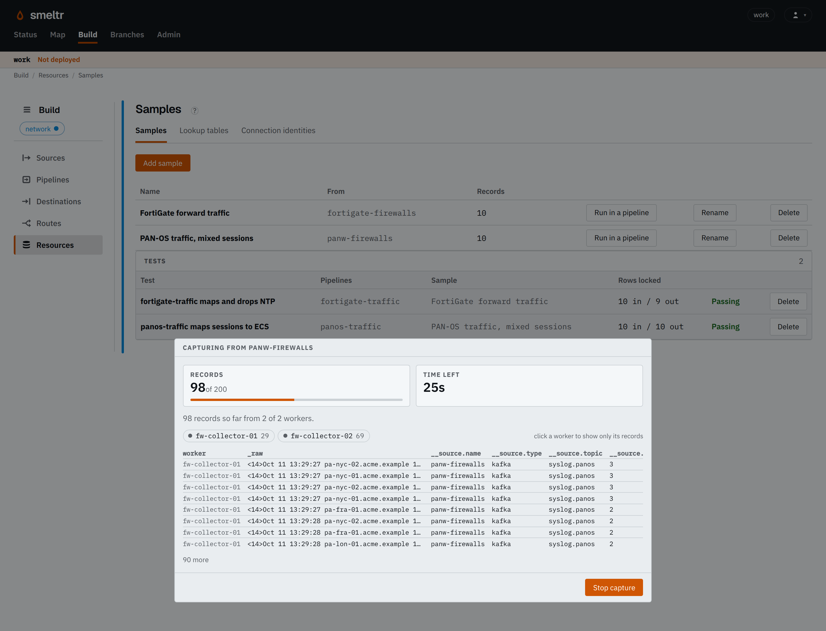 Capture in progress, showing incoming firewall records from two workers, the record limit, time remaining, and Stop capture button.