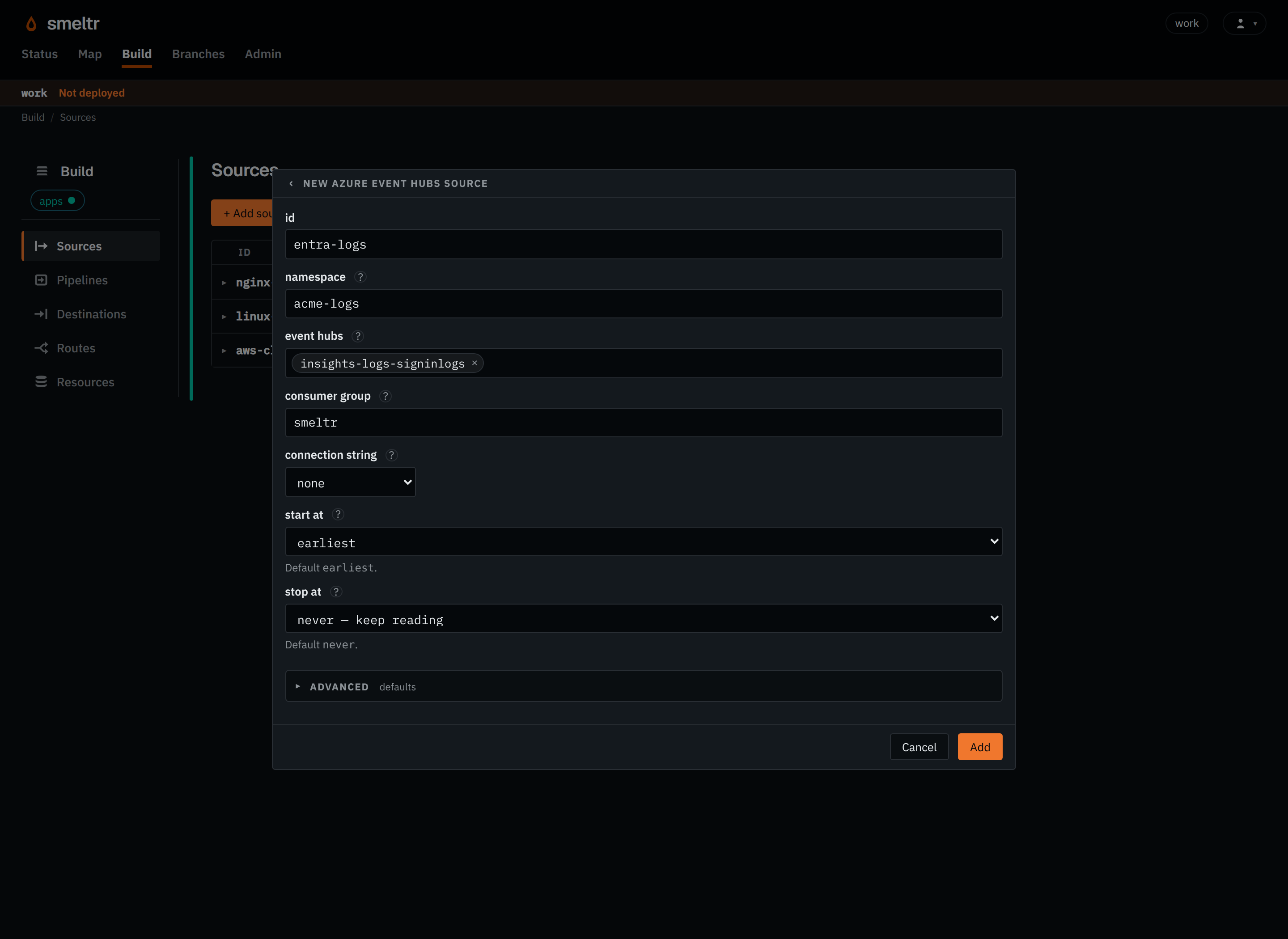 The Azure Event Hubs form on the Sources page: id entra-logs, namespace acme-logs, event hub insights-logs-signinlogs, consumer group smeltr.