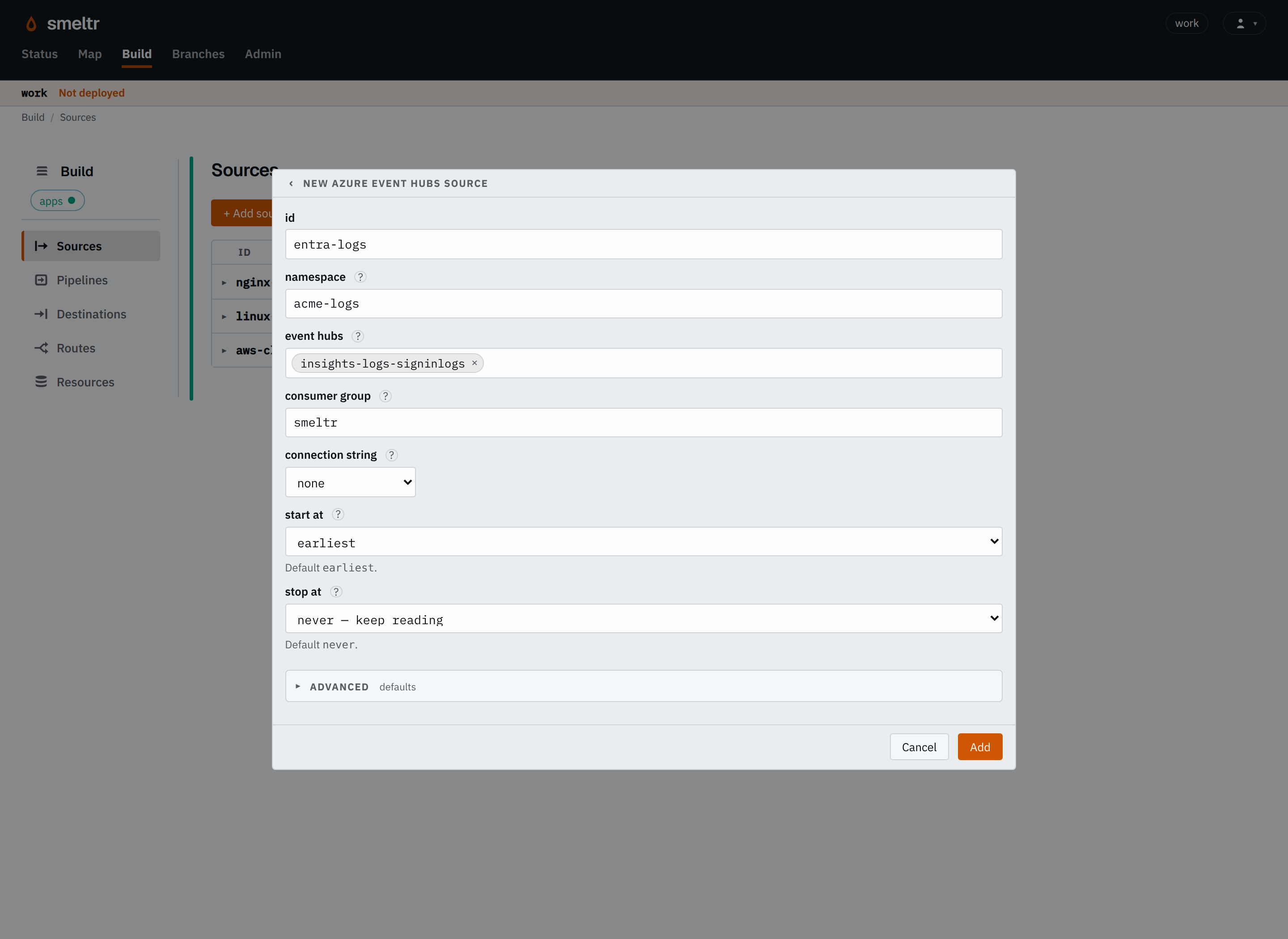 The Azure Event Hubs form on the Sources page: id entra-logs, namespace acme-logs, event hub insights-logs-signinlogs, consumer group smeltr.