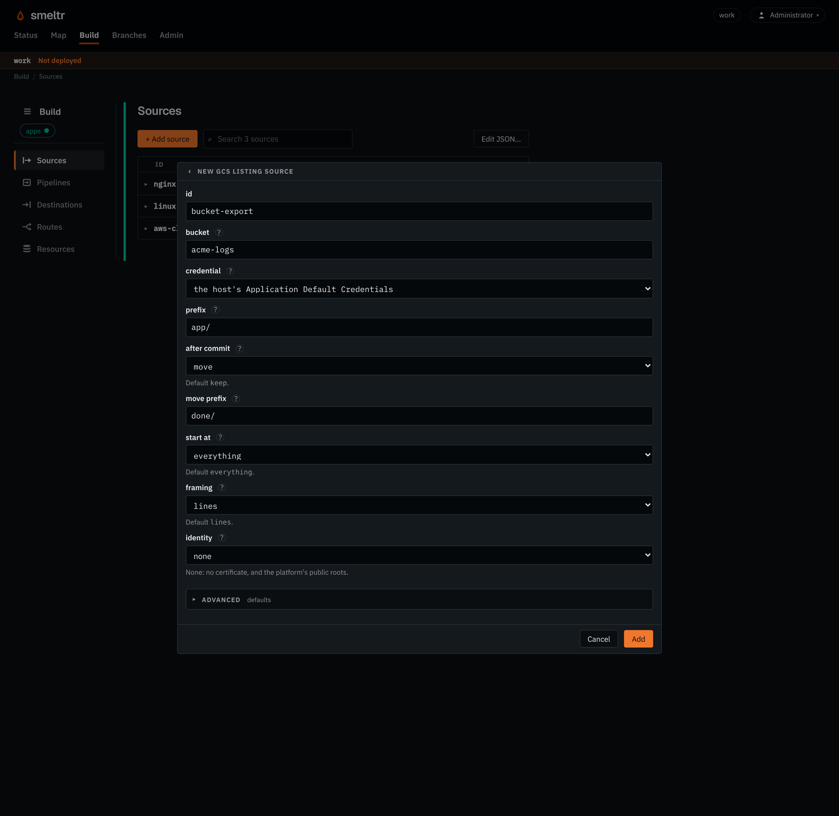 The GCS listing form on the Sources page: id bucket-export, bucket acme-logs, prefix app/, after commit move to done/, framing lines.