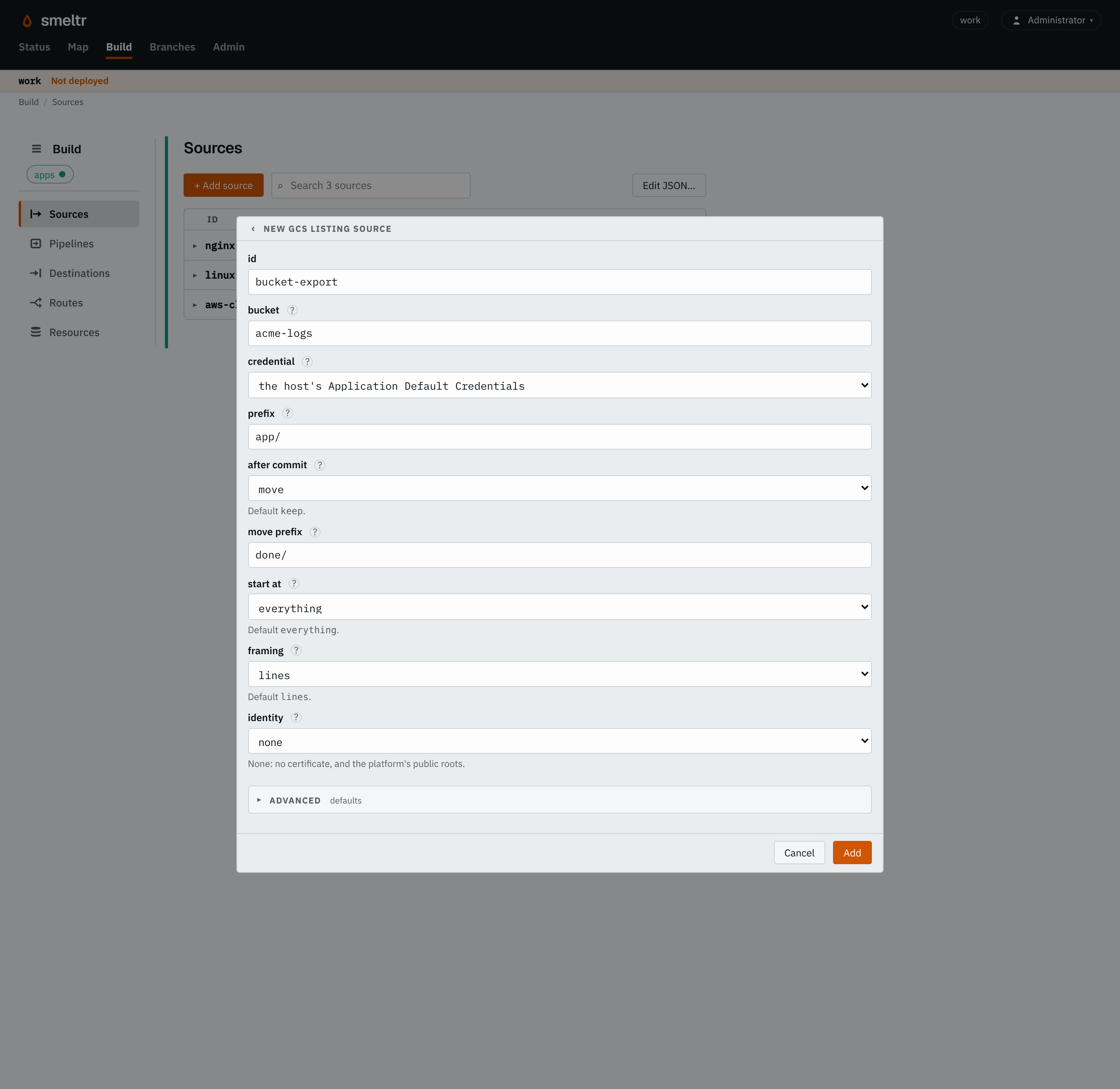 The GCS listing form on the Sources page: id bucket-export, bucket acme-logs, prefix app/, after commit move to done/, framing lines.