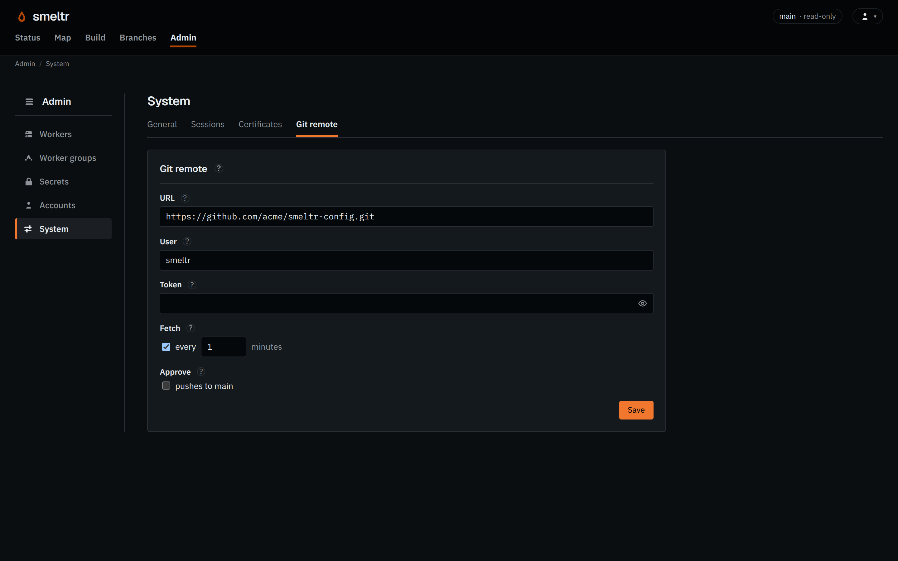 The Git remote tab under Admin, System: URL, User, Token, Fetch every minutes, and Approve: pushes to main.
