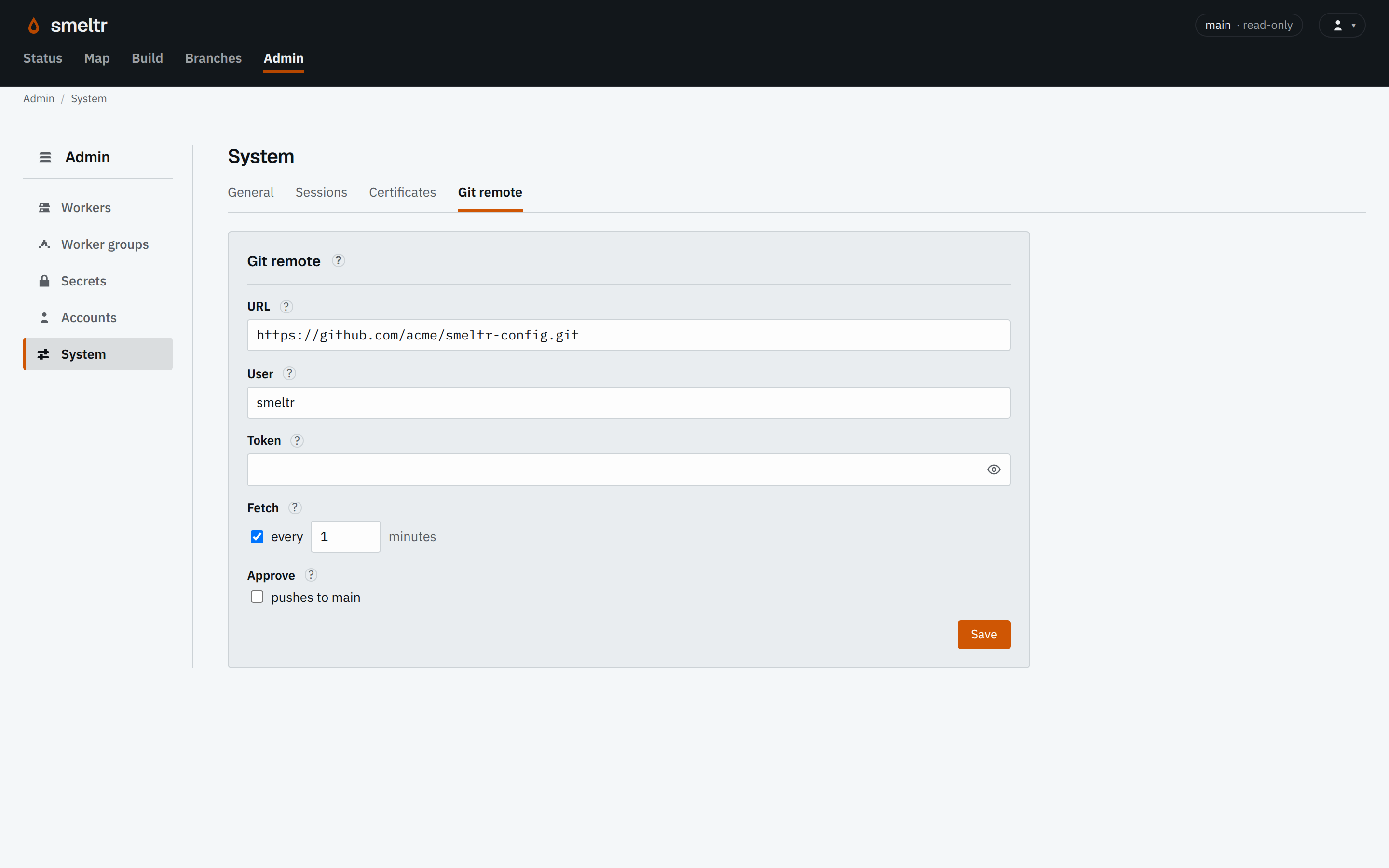 The Git remote tab under Admin, System: URL, User, Token, Fetch every minutes, and Approve: pushes to main.