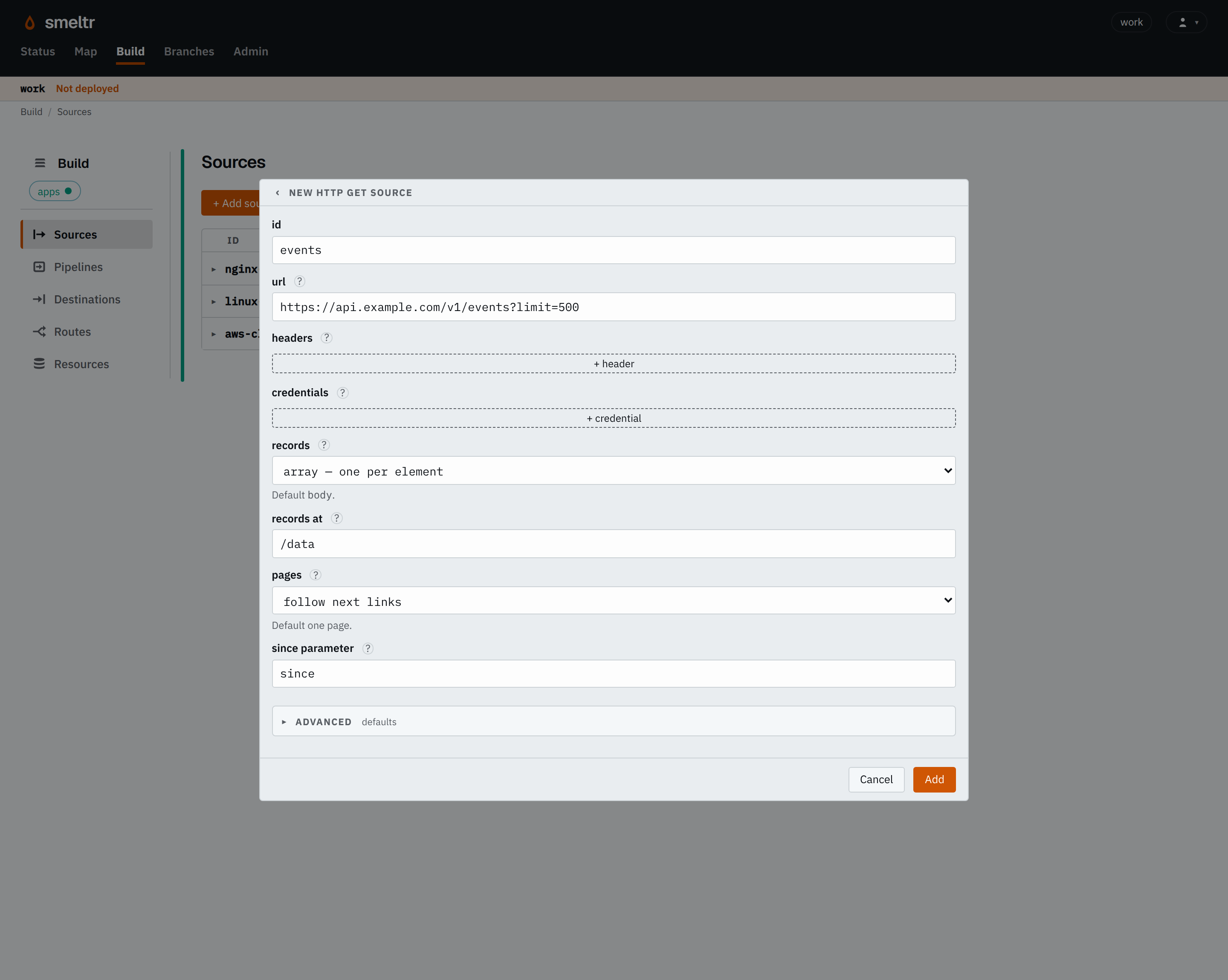 The HTTP API form on the Sources page: id events, the URL, records array at /data, pages follow next links, since parameter since.