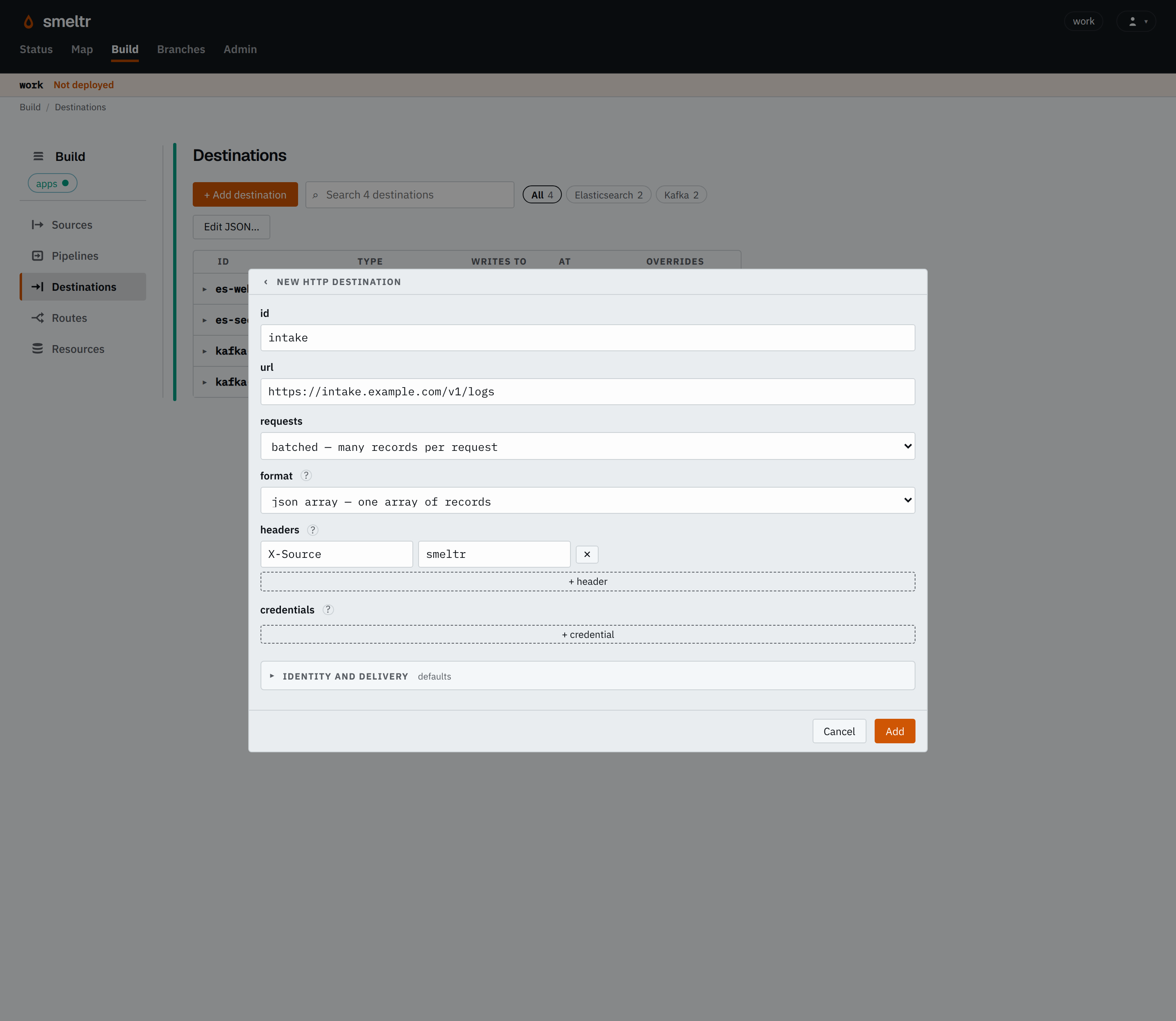 The HTTP form on the Destinations page: id intake, its URL, batched requests as a JSON array, and the header X-Source.