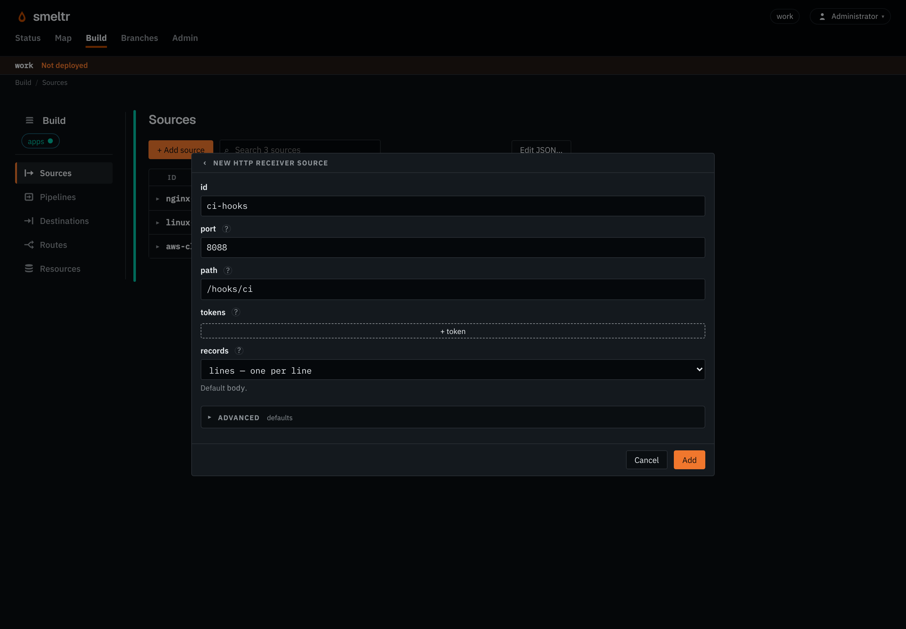 The HTTP receiver form on the Sources page: id ci-hooks, port 8088, path /hooks/ci, records one per line, no tokens yet.