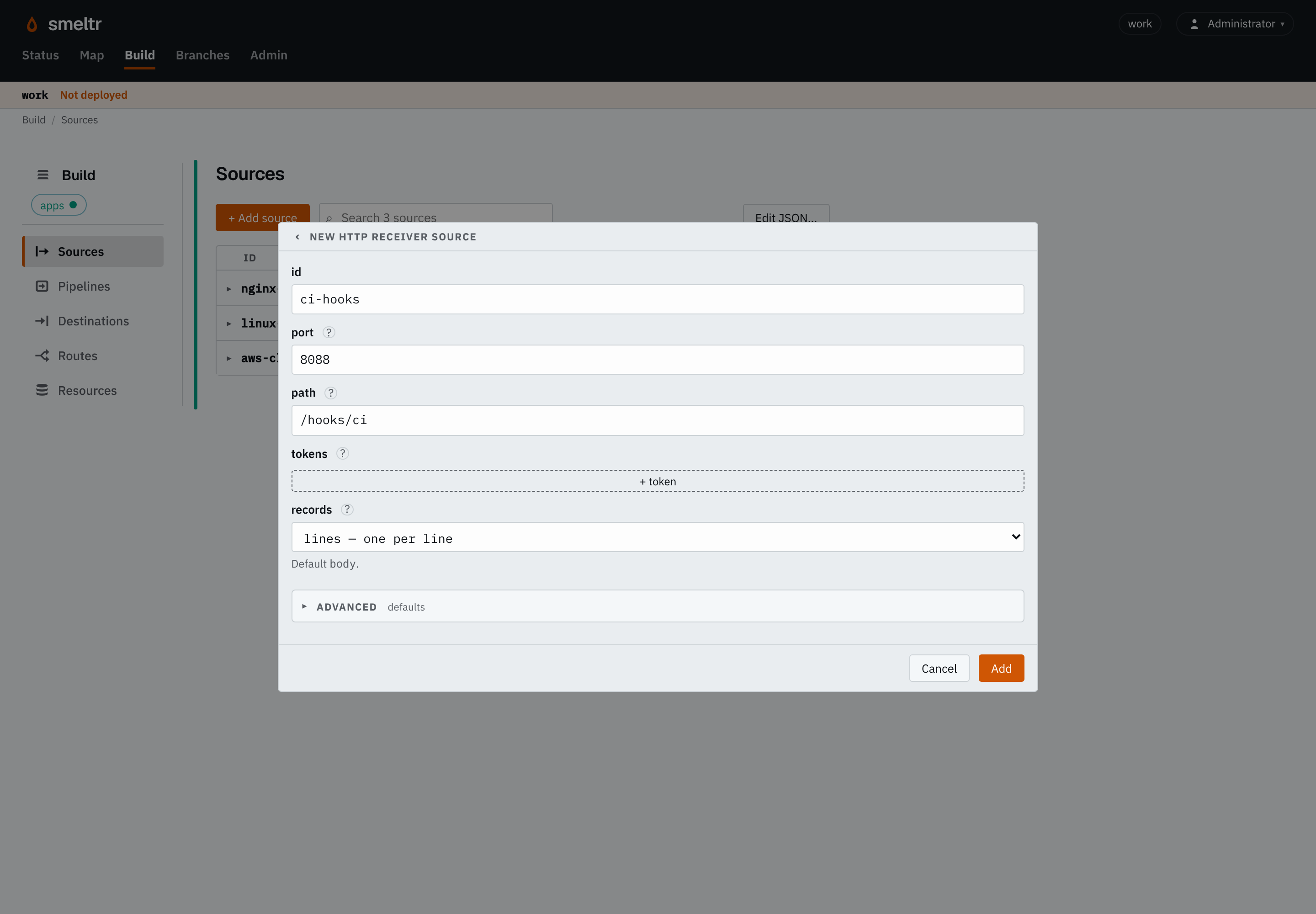 The HTTP receiver form on the Sources page: id ci-hooks, port 8088, path /hooks/ci, records one per line, no tokens yet.