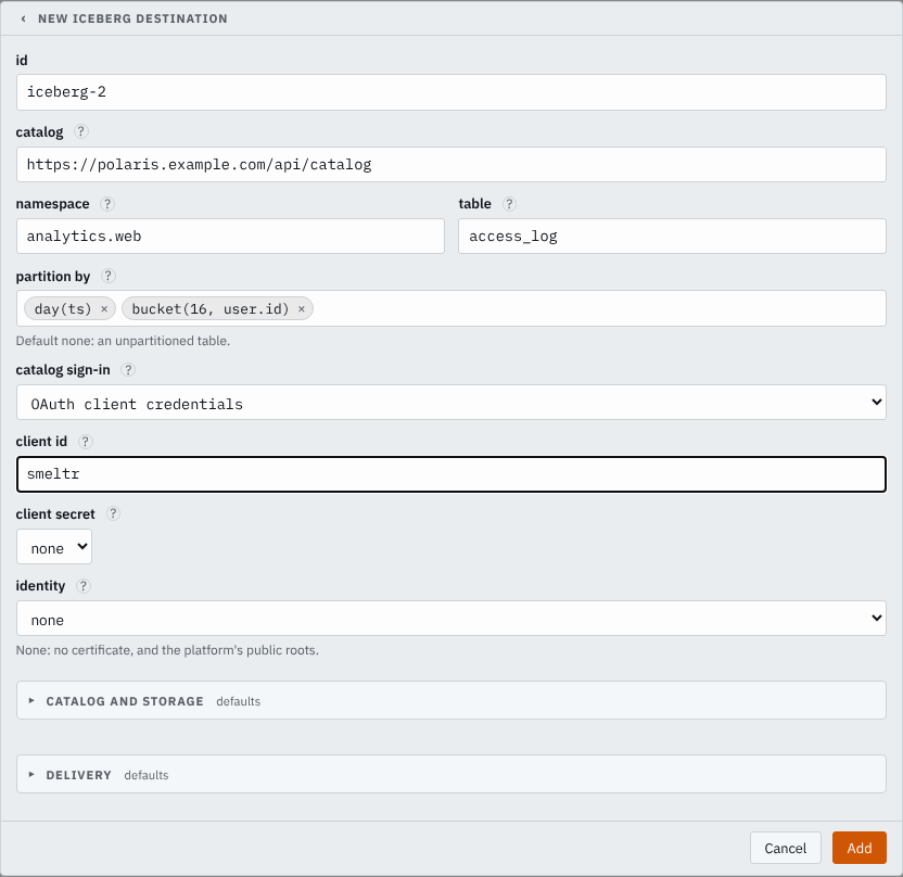 The Apache Iceberg form on the Destinations page: catalog https://polaris.example.com/api/catalog, namespace analytics.web, table access_log, partition by day(ts) and bucket(16, user.id), catalog sign-in OAuth client credentials, client id smeltr.