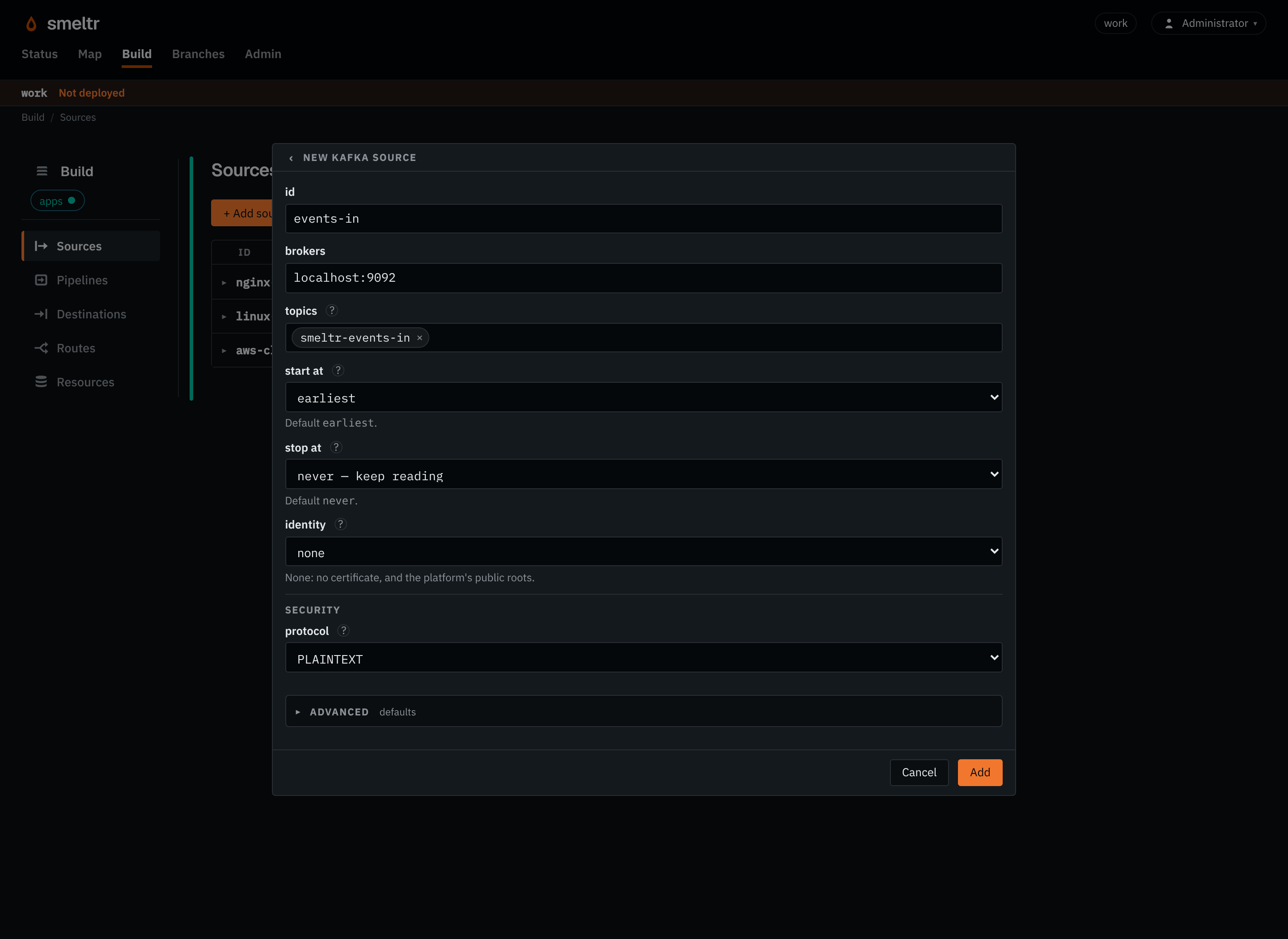 The Kafka form on the Sources page: id events-in, broker localhost:9092, topic smeltr-events-in.