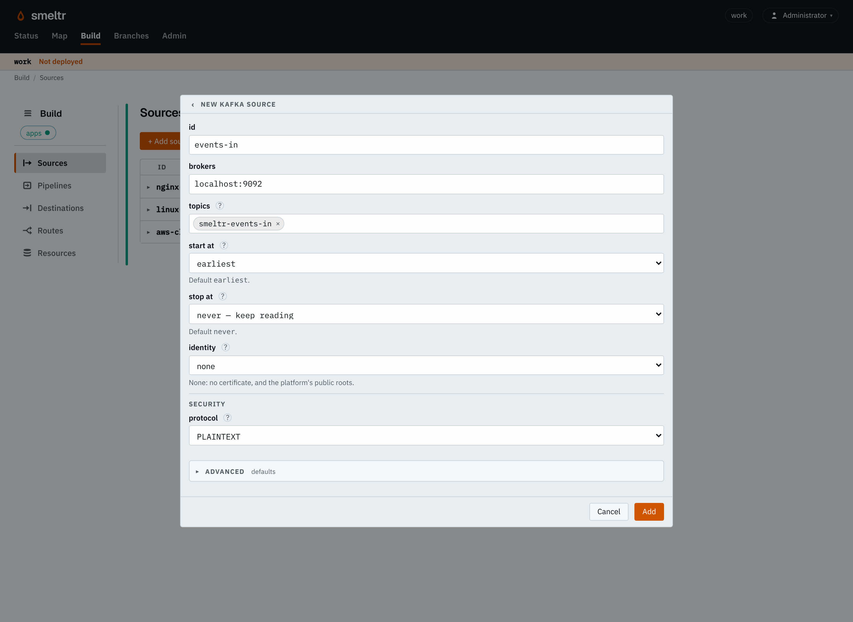 The Kafka form on the Sources page: id events-in, broker localhost:9092, topic smeltr-events-in.
