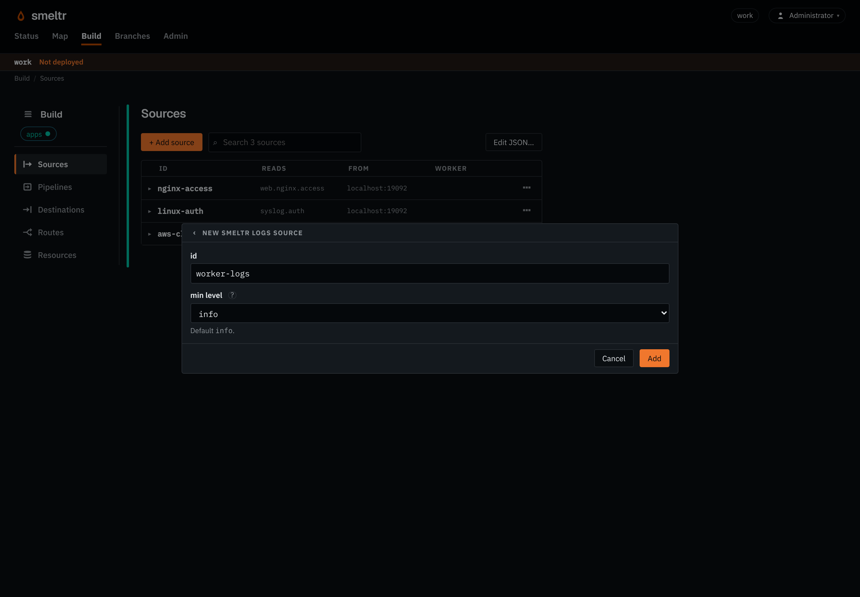 The smeltr logs form on the Sources page: id worker-logs, min level info.