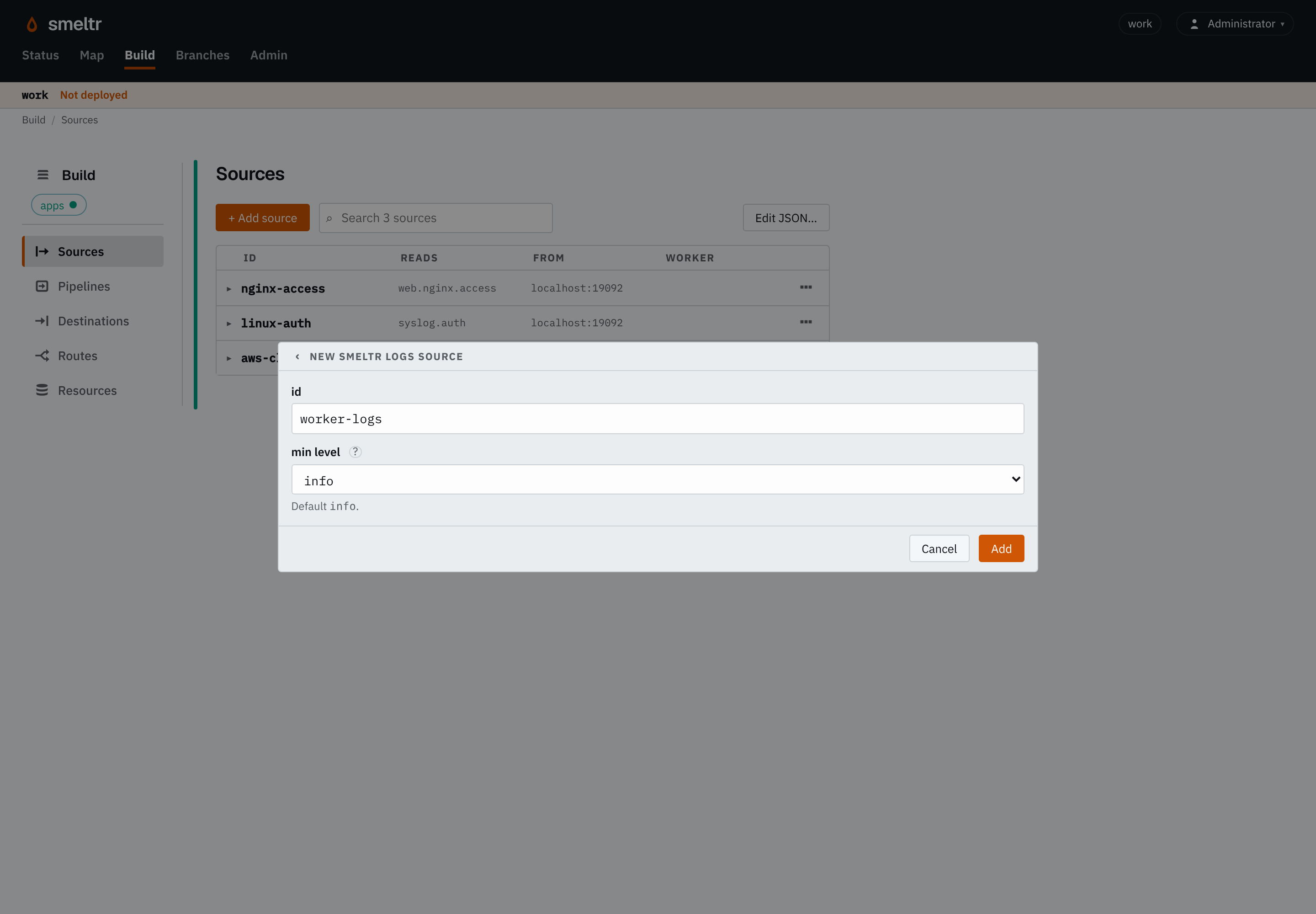The smeltr logs form on the Sources page: id worker-logs, min level info.