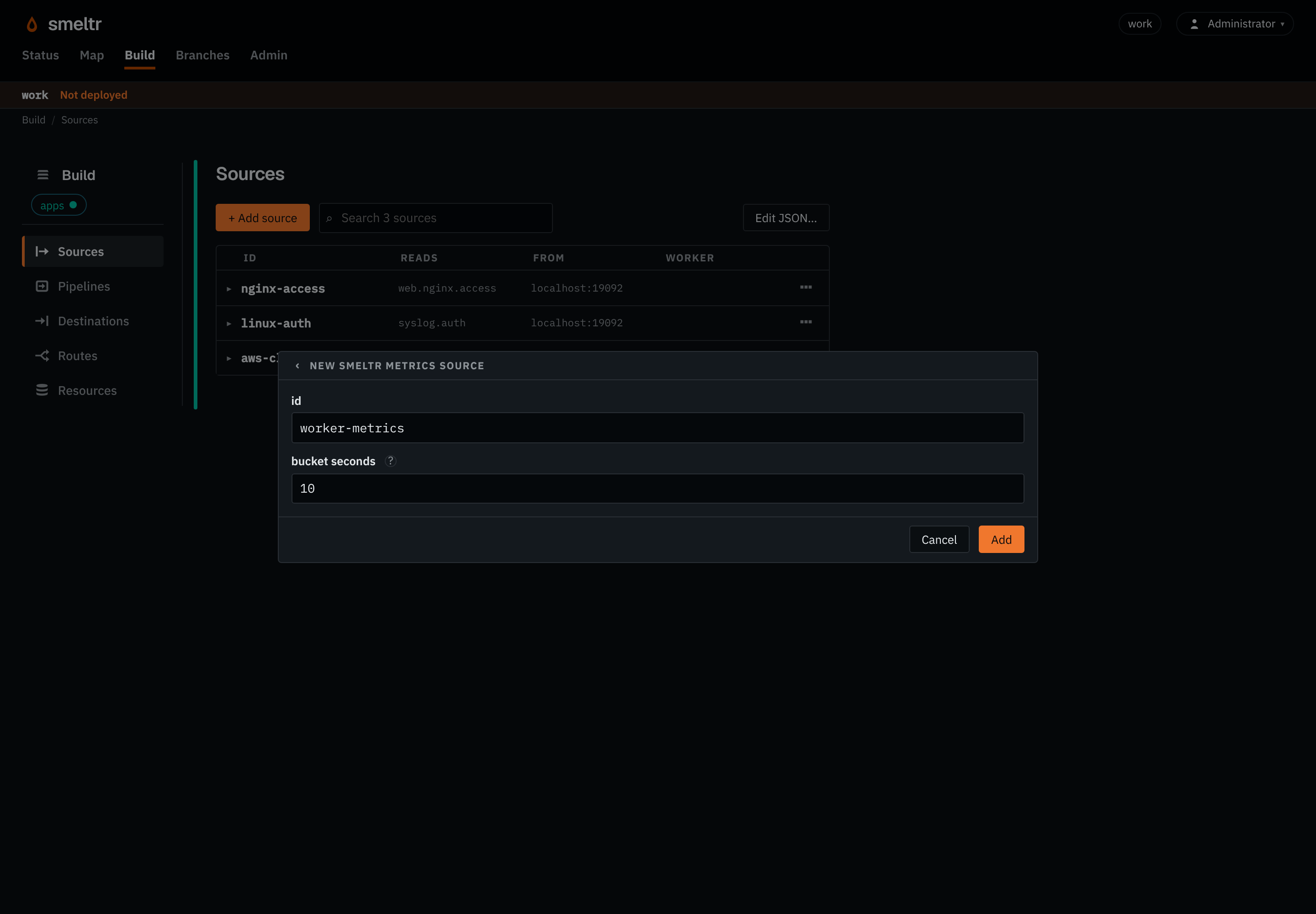 The smeltr metrics form on the Sources page: id worker-metrics, bucket seconds 10.