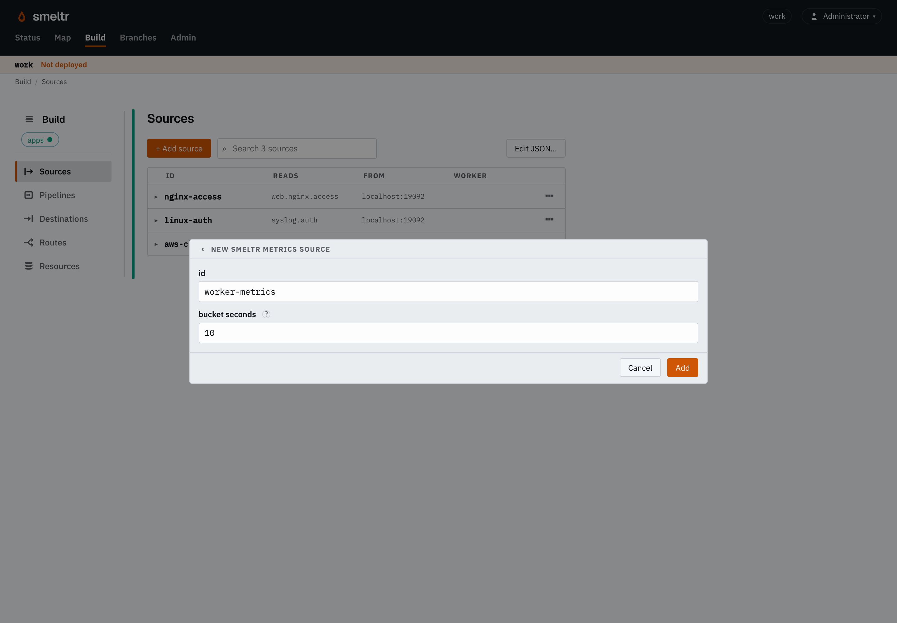 The smeltr metrics form on the Sources page: id worker-metrics, bucket seconds 10.