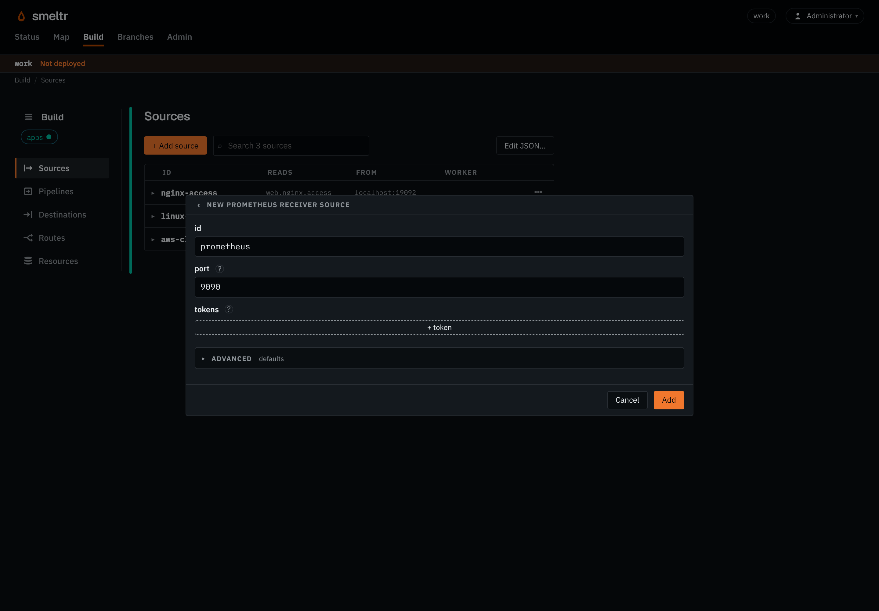 The Prometheus receiver form on the Sources page: id prometheus, port 9090, no tokens yet.