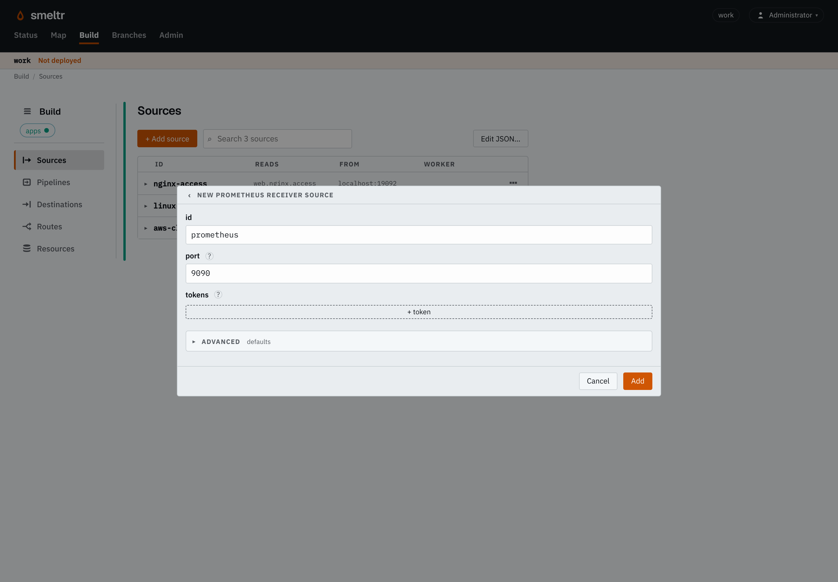 The Prometheus receiver form on the Sources page: id prometheus, port 9090, no tokens yet.