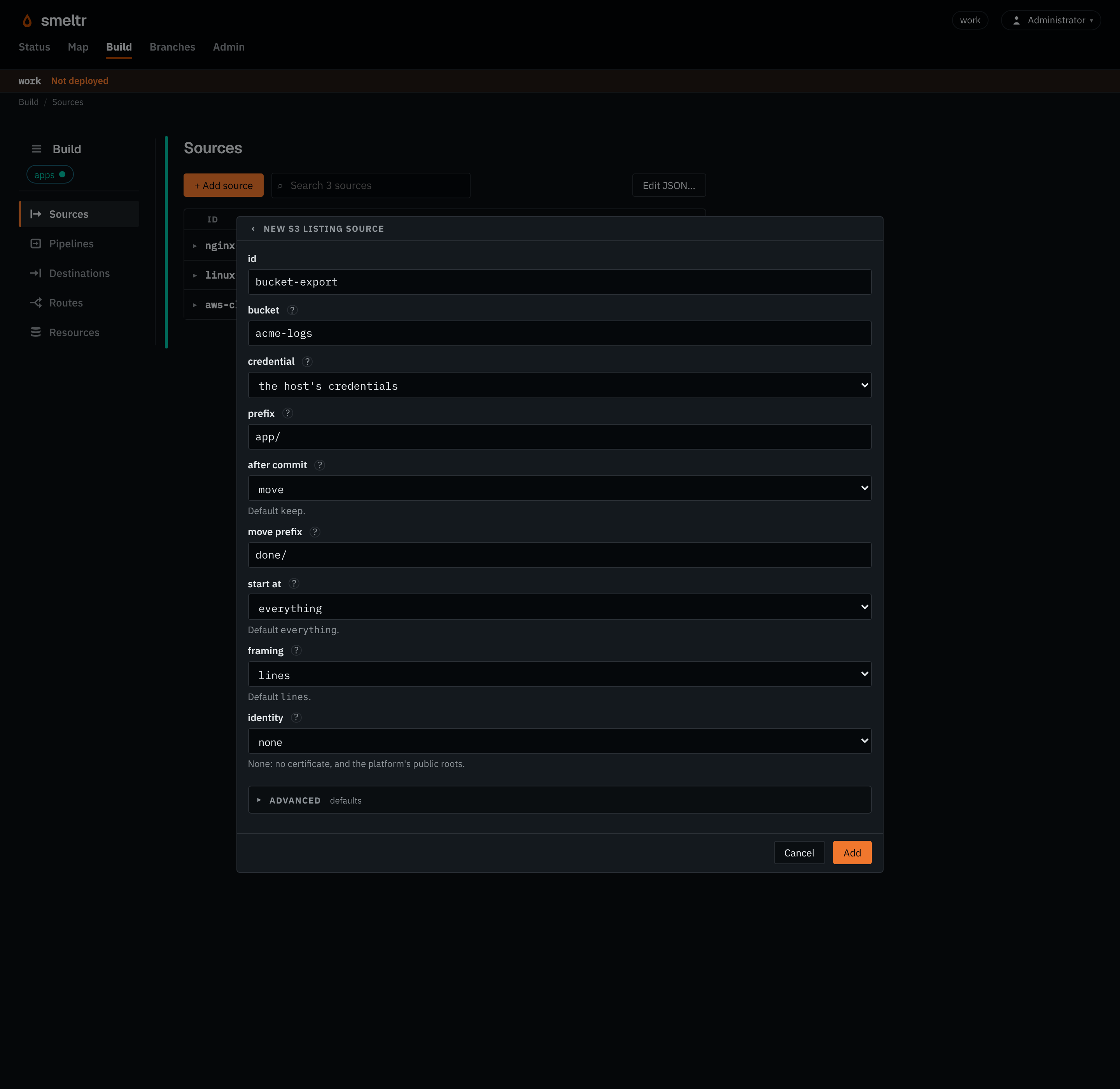 The S3 listing form on the Sources page: id bucket-export, bucket acme-logs, prefix app/, after commit move to done/, framing lines.
