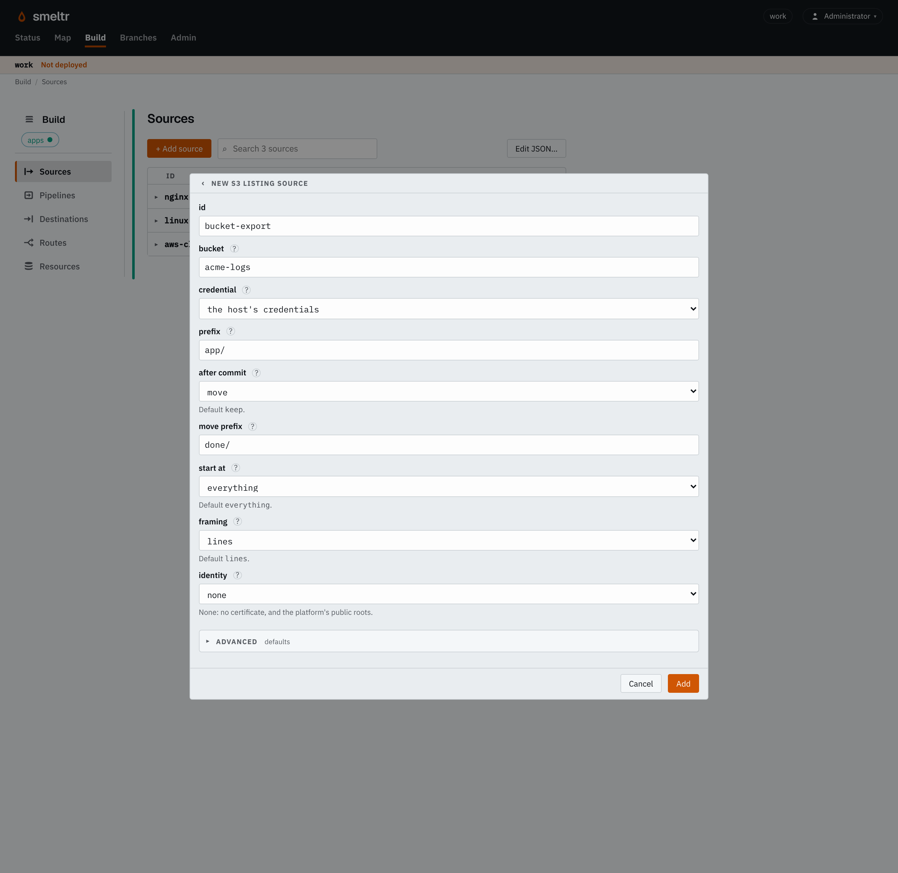 The S3 listing form on the Sources page: id bucket-export, bucket acme-logs, prefix app/, after commit move to done/, framing lines.