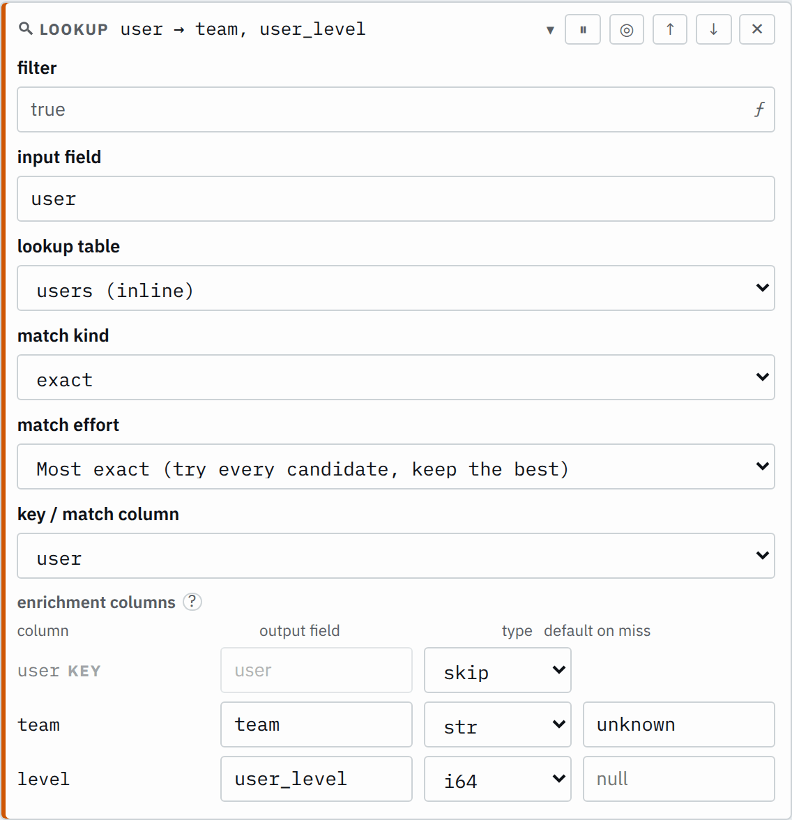 The lookup step's settings in the pipeline editor