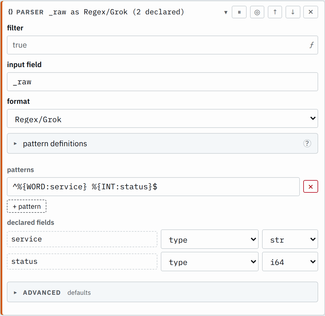 The parser step's settings in the pipeline editor