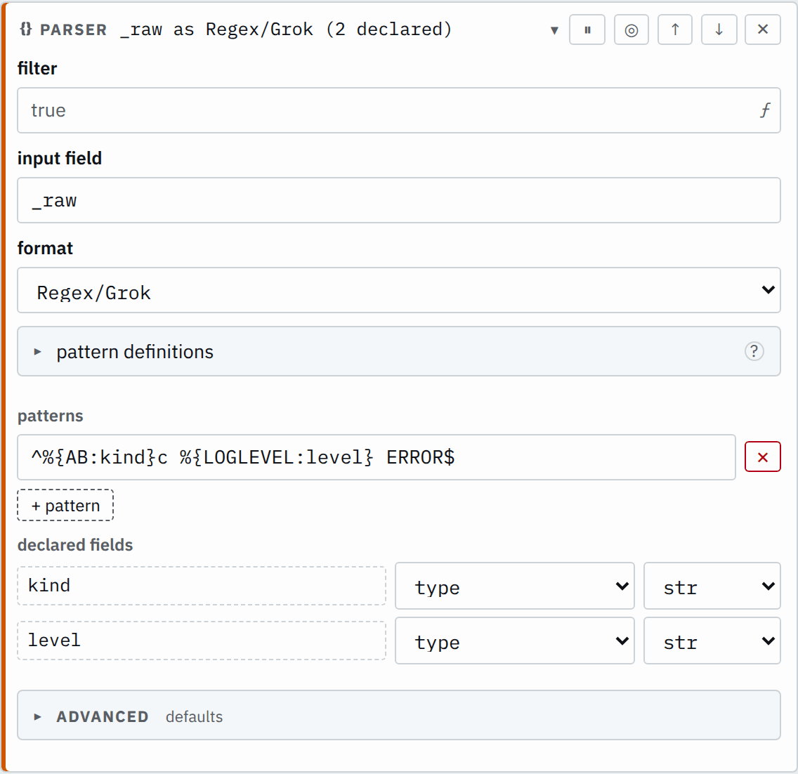 The parser step's settings in the pipeline editor