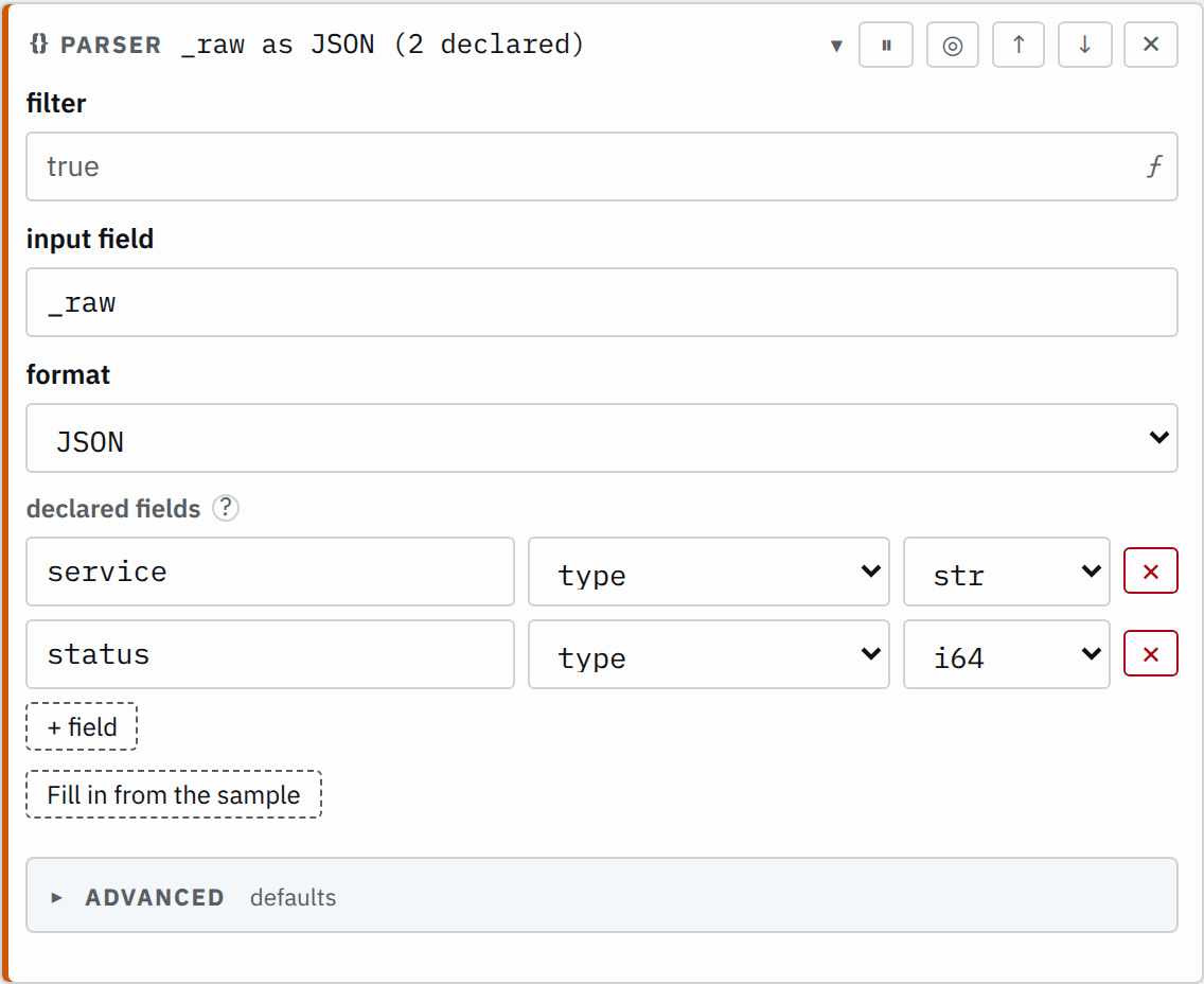The parser step's settings in the pipeline editor