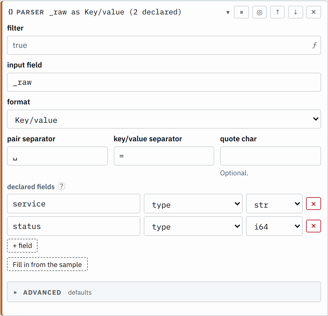 The parser step's settings in the pipeline editor