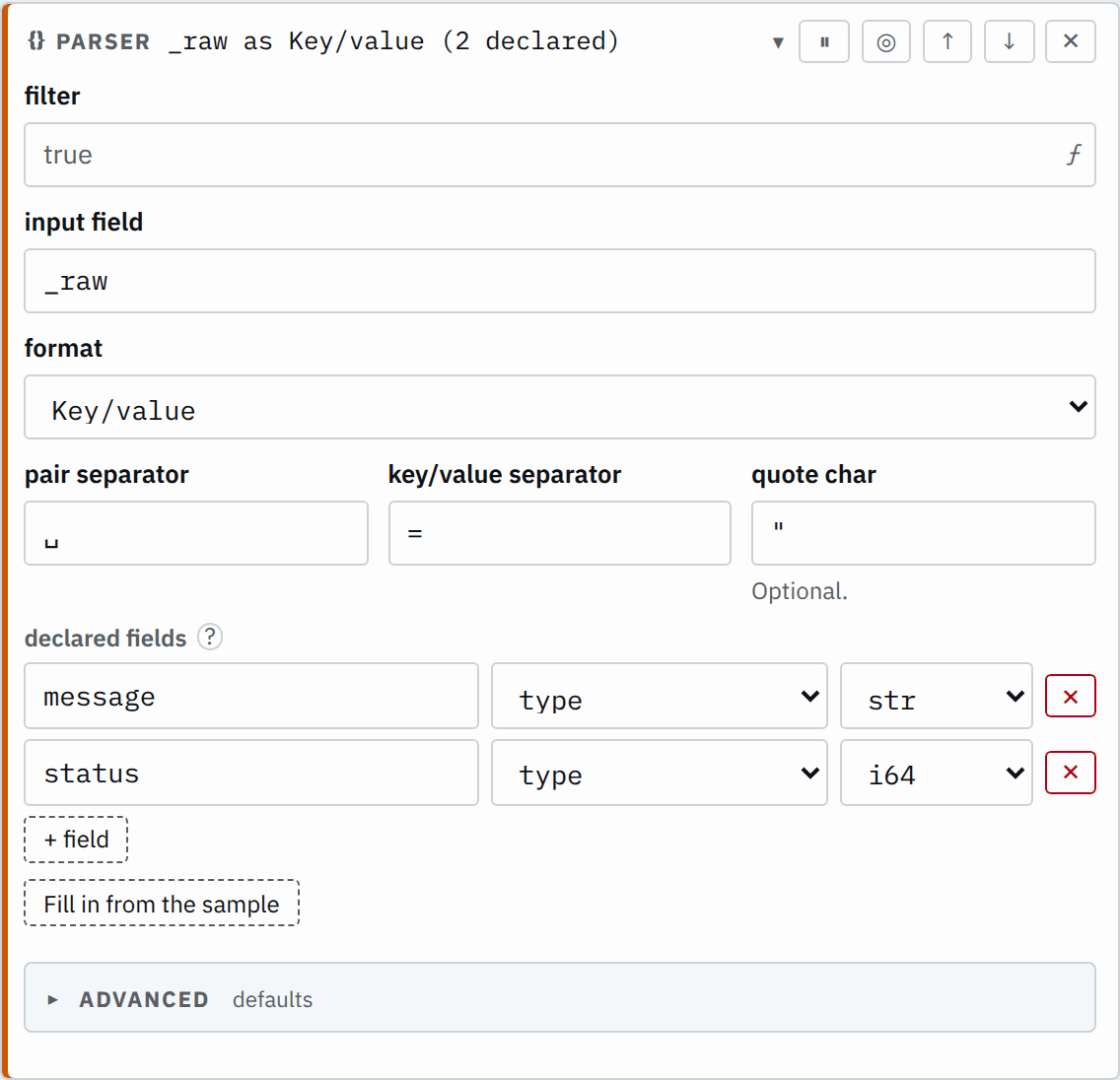 The parser step's settings in the pipeline editor