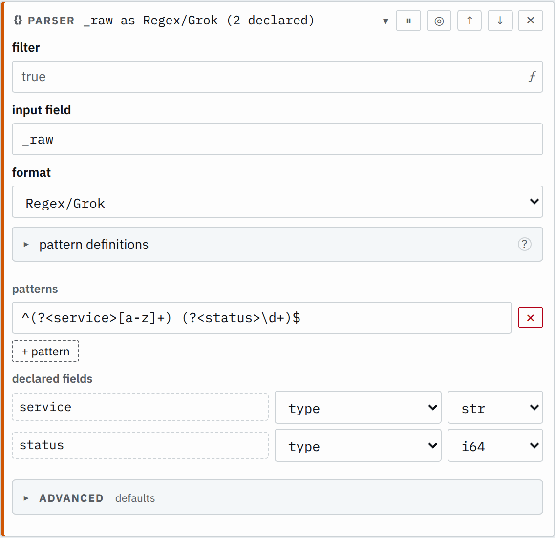 The parser step's settings in the pipeline editor
