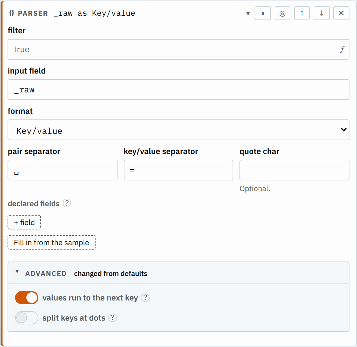 The parser step's settings in the pipeline editor