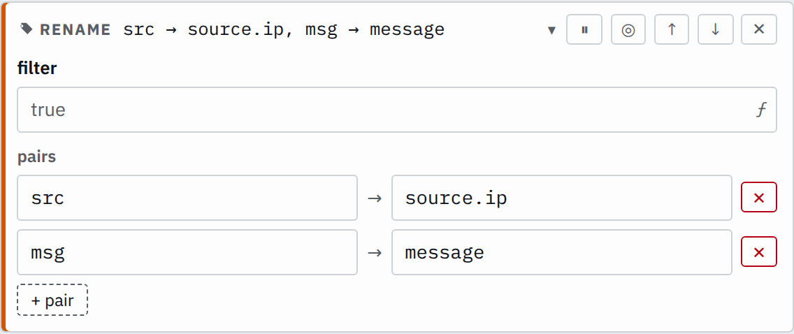 The rename step's settings in the pipeline editor