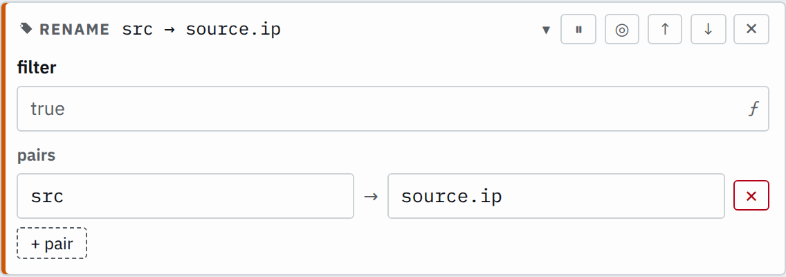 The rename step's settings in the pipeline editor