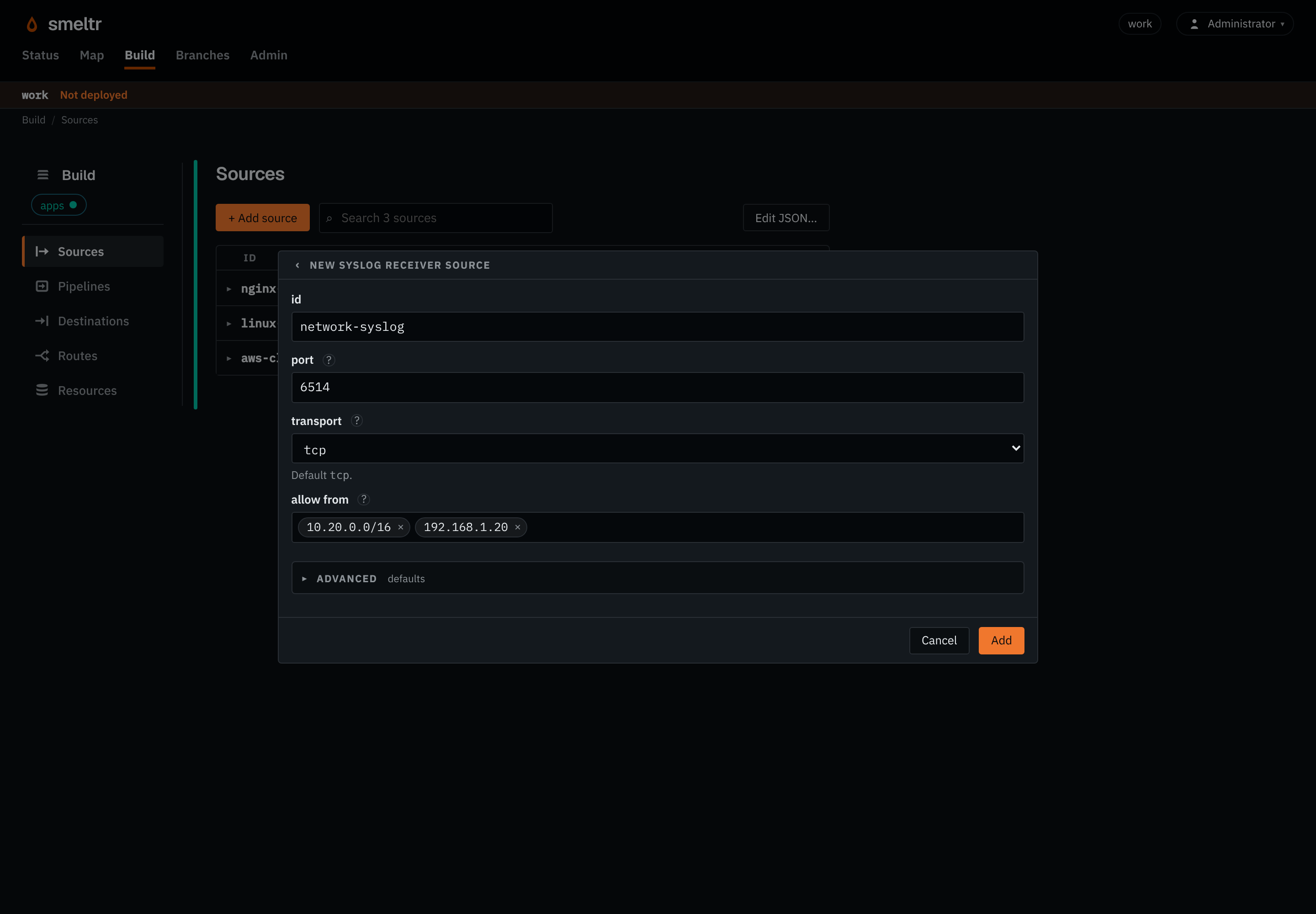 The syslog receiver form on the Sources page: id network-syslog, port 6514, transport tcp, allow from 10.20.0.0/16 and 192.168.1.20.